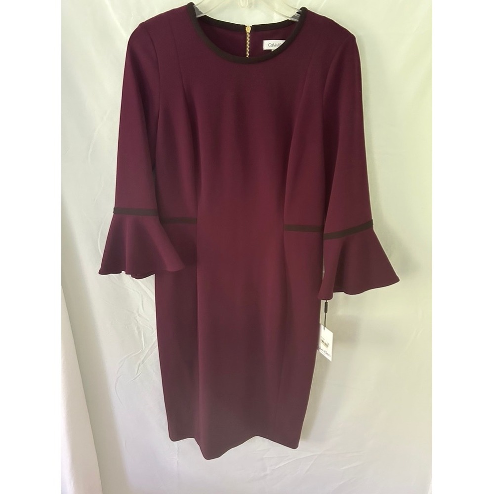 Calvin Klein Womens Burgundy Bell Sleeve Sheath Dress Contrast Trim Size 8 NEW
